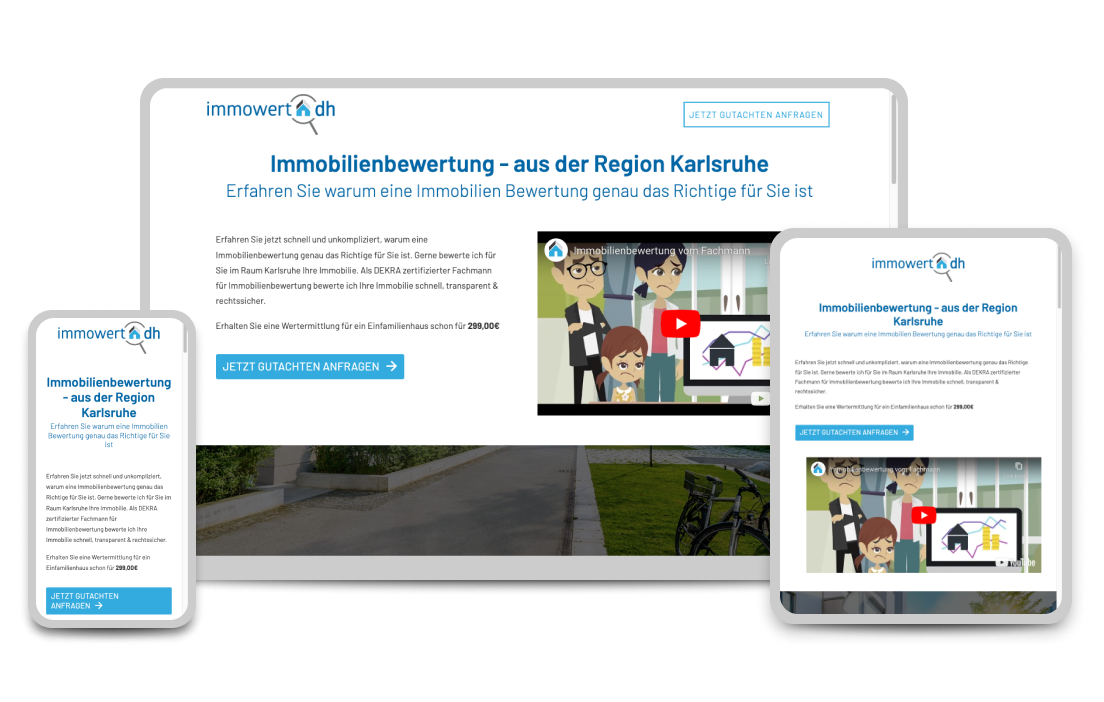Drei Bildschirme zeigen eine Immobilienbewertungsseite mit dem Titel "Immobilienbewertung – aus der Region Karlsruhe" und einem Angebot für eine Bewertung für 299,00 Euro.