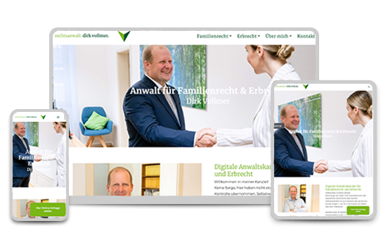 Drei Bildschirme zeigen eine Webseite für einen Anwalt für Familienrecht und Erbrecht, Dirk Vollmer, mit Bildern von Menschen, die sich die Hände schütteln.