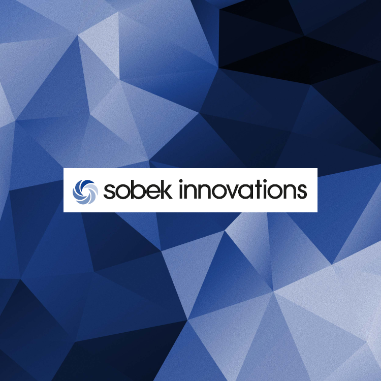 Ein Logo mit dem Text "sobek innovations" auf einem abstrakten geometrischen Hintergrund in verschiedenen Blautönen.